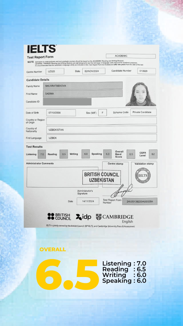 Unique Academy LC o'quvchisining IELTS sertifikati — Andijon ingliz tili kursi natijasi